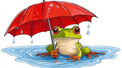 Obraz premium Cute Frog Under Red Umbrella in Rainy Mood with Water Pool