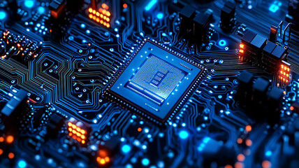 Fototapeta premium Highly detailed futuristic microchip circuit board with glowing blue and orange lights, technology concept, AI computing, data processing, and modern digital infrastructure.