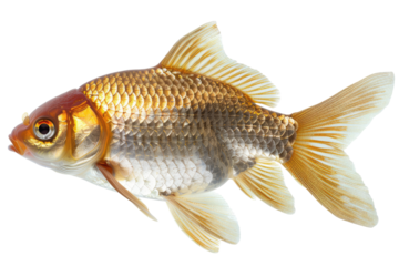 Golden Goldfish On Transparent. Fish, Water Pet. Symbol Of Wealth, Luck, Prosperity. Aquarium Animal With Shiny Scales. Isolated Design Element.
