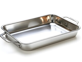 A stainless steel roasting pan isolated on a white background highlighting its modern design and culinary versatility in cooking