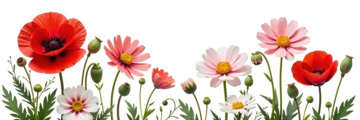 Fototapeta premium Crimson poppies & gerbera daisies, pure white setting, backdrop, vivid, simple