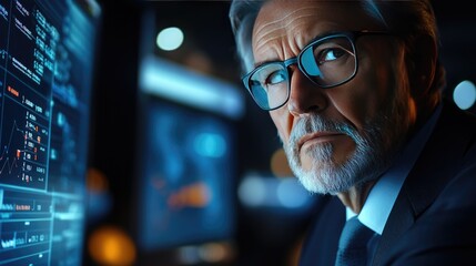 A focused business man wearing glasses looking at computer screens