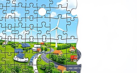 Naklejka premium Green Energy Puzzle Sustainable Future Renewable Resources Eco Friendly Homes Wind Turbines Solar