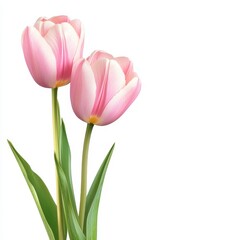 Two pink tulips with green leaves isolated against white background