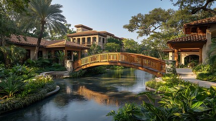 A wooden bridge arches over water in a beautiful landscape