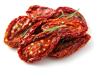 Pile of sun-dried red peppers gathered together for culinary use isolated on white background for food preparation display