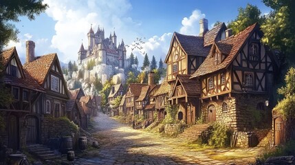Obraz premium A medieval village with timber houses, cobblestone streets, and a grand castle on a hill under a bright sky. Perfect for fantasy settings, historical themes, and storytelling