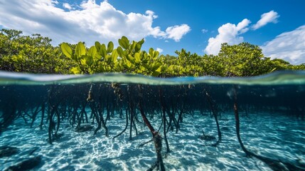 Calm Coastal Mangrove Roots: Marine Life Aesthetics 