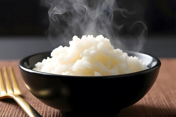 White rice in a bowl, black plate, with smoke coming out of the hot rice.