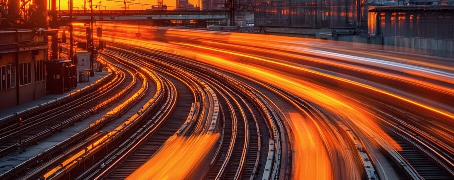 Train tracks with long exposure and a bright orange evening sky