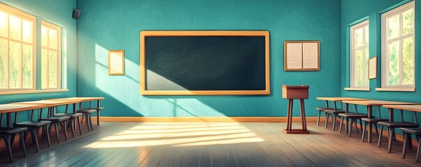 Spacious primary school classroom with chalkboard and colorful learning materials on the walls for young students