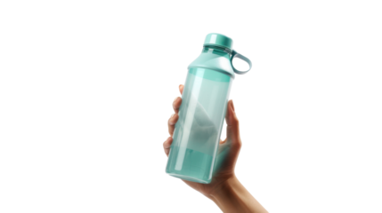 Hand holding reusable water bottle on transparent background