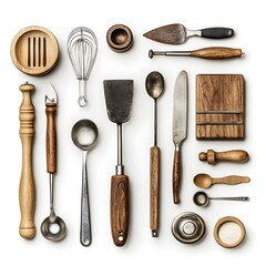 Unique variety of kitchen utensils displayed isolated on a bright white background for home cooks and culinary experts
