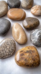 Fototapeta premium Collection of smooth, polished river rocks in various earth tones.