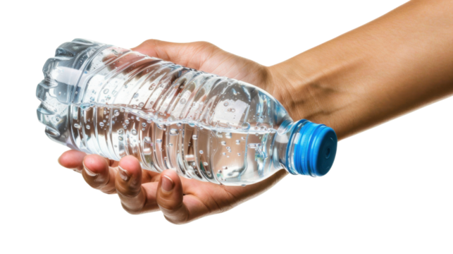 Hand holding plastic water bottle with transparent background