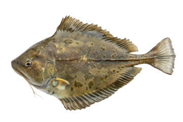 Isolated Whole Turbot Fish On Transparent. Flatfish With Spotted Skin. Seafood Delicacy. Ready To Cook.
