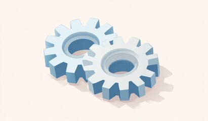 Isometric Light Blue Gears Meshing on White Background