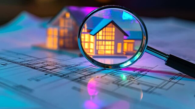 Model home magnified by magnifying glass over architectural blueprints