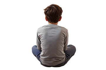 Lost In Thoughts. Boy Sitting, Back View, Isolated. 
