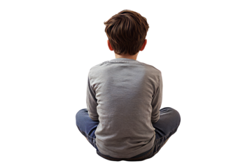 Lost In Thoughts. Boy Sitting, Back View, Isolated. 
