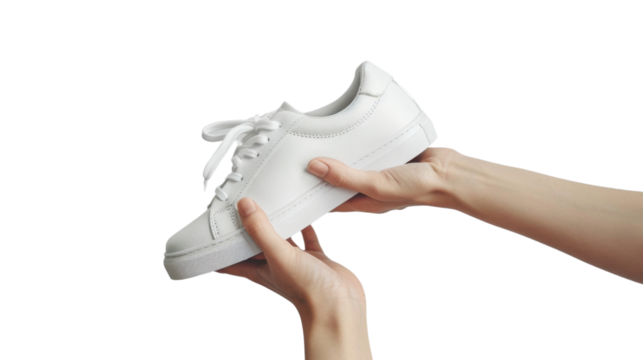Woman holding white sneaker with transparent background