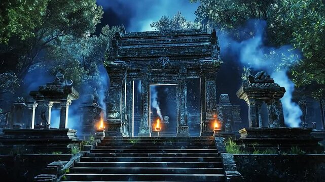 Ancient temple at night, mystical fog, jungle