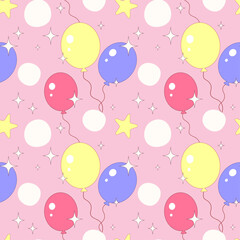 birthday balloons  seamless pattern on the soft pink background, kawaii, kids, cute decoration, cover, packaging, wallpaper, clothing, textile, fabric, paper, vector 
