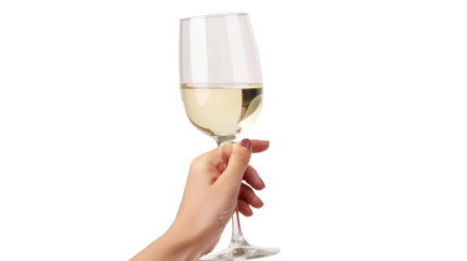 Woman holding glass of white wine on transparent background