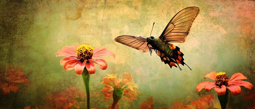 Detailed close-up of a beautiful Hummingbird Hawk Moth sipping nectar from a vibrant Zinnia flower