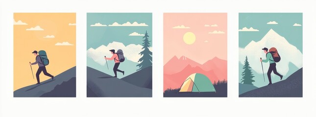 Fototapeta premium Pixel Art Hikers Backpacking Through Diverse Mountain Scenery