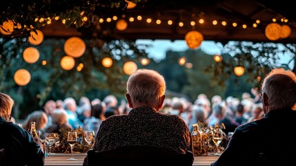 Amidst twinkling lights, an elderly group gathers, their faces alight with joy The open air concert resonates with melodies that stir memories and warm hearts Laughter dances on the breeze, mingling