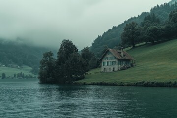 Fototapeta premium Misty Mountain Lake House Green Hills, Dark Trees, Calm Water