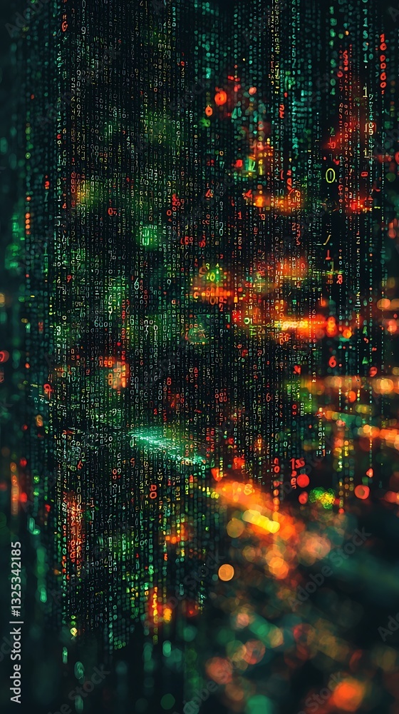 Poster Digital display of cascading numeric characters against a dark background