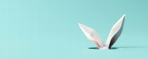 White rabbit ear on pastel blue background.  vector illustration of a feather. Easter day. 3d rendering.