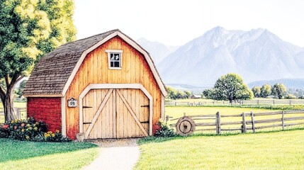Obraz premium Rustic Red Barn in Sunlit Green Field with Mountain Background