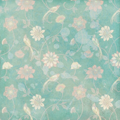 Obraz premium Soft vintage teal floral pattern with delicate birds and pastel blooms. Ideal for wallpaper, textiles, and romantic decorative designs.
