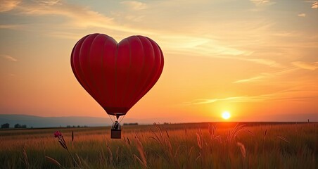 Fototapeta premium Heart Shaped Hot Air Balloon Sunset Romantic Travel