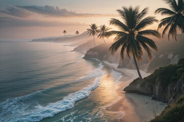 Dreamy Beach Getaways with Enigmatic Palms and Soft Sunset Bokeh for Ultimate Relaxation