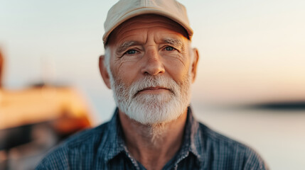 Elderly caucasian european man with a white beard wearing a cap and plaid shirt standing outdoors near the water at sunset with a calm and thoughtful expression