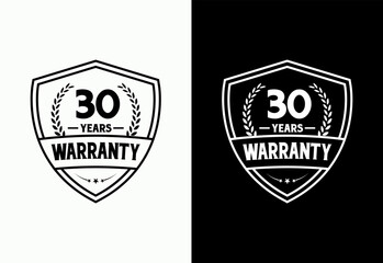 Advertising 30 years warranty shield emblem, for label, icon, logo, badge, symbol, button