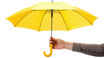 Woman holding bright yellow umbrella on transparent background