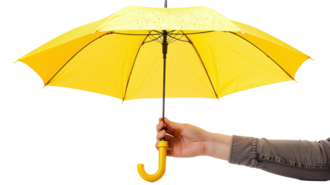 Woman holding bright yellow umbrella on transparent background