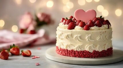 Delicious strawberry cake with heart decoration for a romantic celebration
