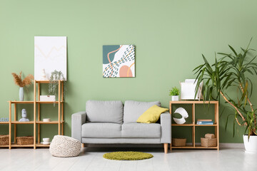 Interior of living room with sofa, shelf units and green plants