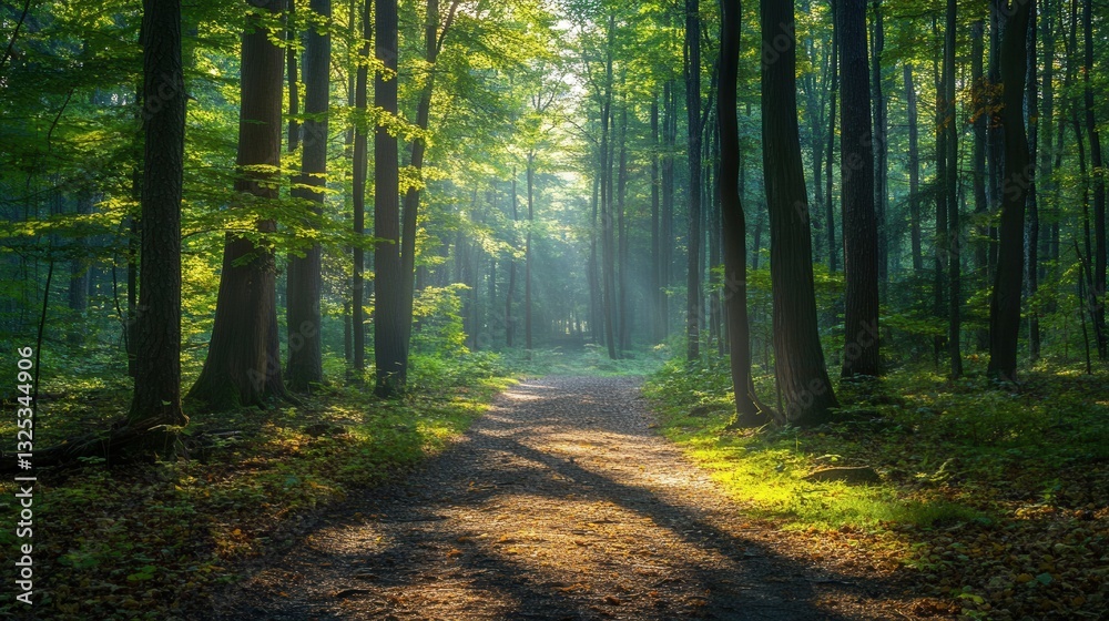 Fototapete Forest path leads into the serene depths of nature with sunlight filtering through towering trees and dappled shadows on the ground