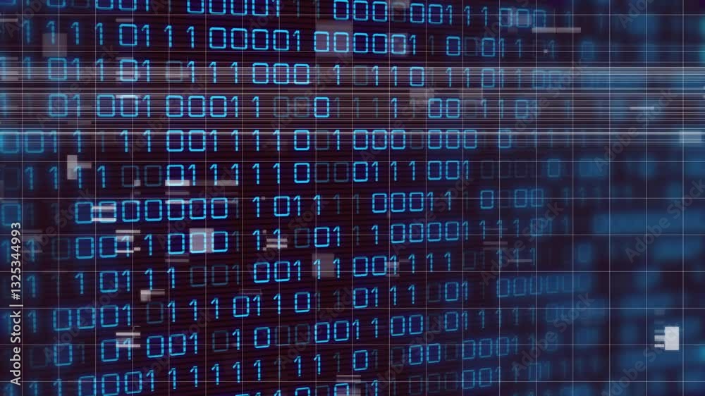 Poster blue digits forming binary code pattern on animation of abstract digital background