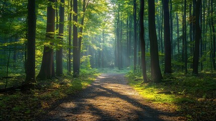Fototapeta premium Forest path leads into the serene depths of nature with sunlight filtering through towering trees and dappled shadows on the ground