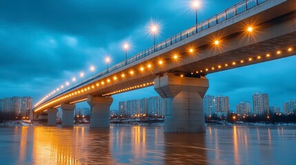 Naklejka premium Majestic Bridge Over Calm Waters Under Evening Sky with Lights