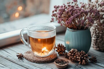 Fototapeta premium Embrace the tranquility of a nighttime tea ritual, designed to gently guide you into a peaceful slumber Herbal infusions steep, releasing calming aromas that fill the air, creating a serene