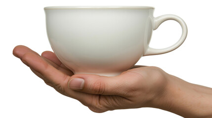 Hand holding white cup on transparent background